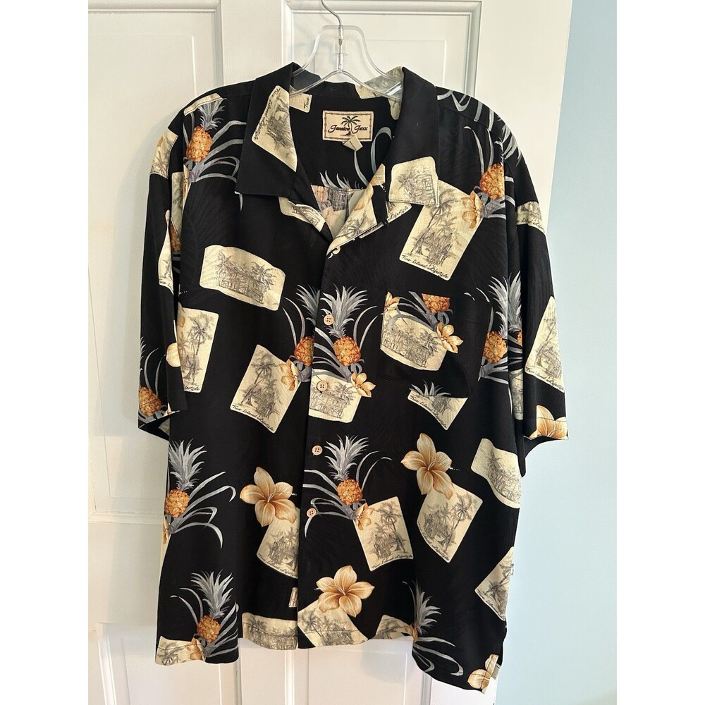 Jamaica Jaxx Men's Floral Silk Hawaiian Shirt Black Pineapple Short Sleeve XL